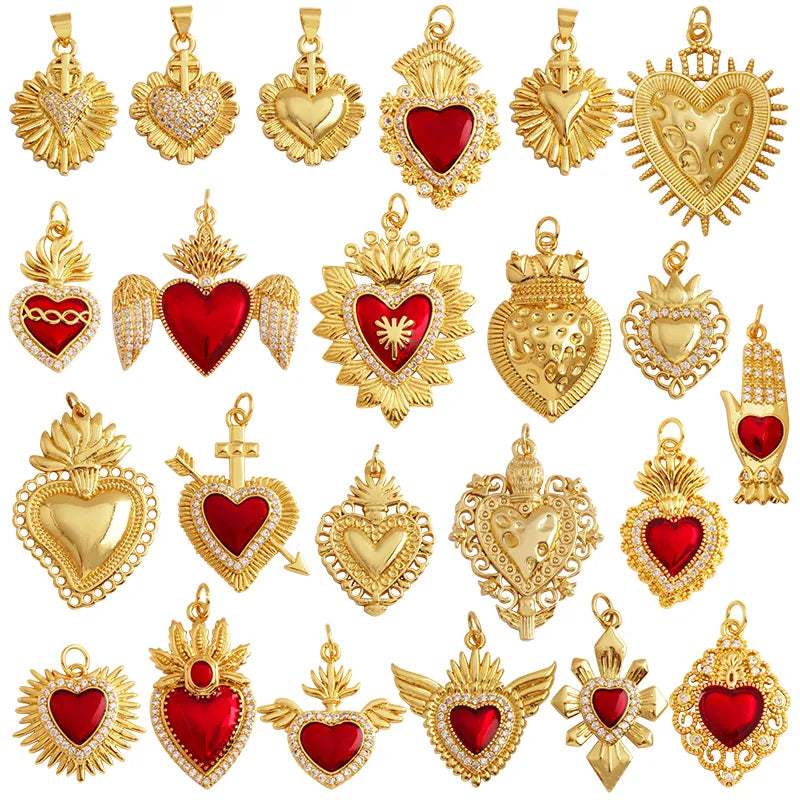 Neu im Sortiment: Heiliger roter Herzanhänger, viktorianischer Liebes-Zirkon-Charm-Anhänger, modischer Flügel, 18 Karat echt vergoldet, für die Schmuckherstellung