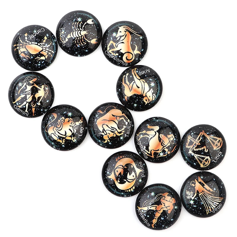 20pcs Twelve Constellations English Notes Pattern 10/12/14/18/20/25mm Round Dark Glass Cabochon For DIY Jewelry Making Necklace