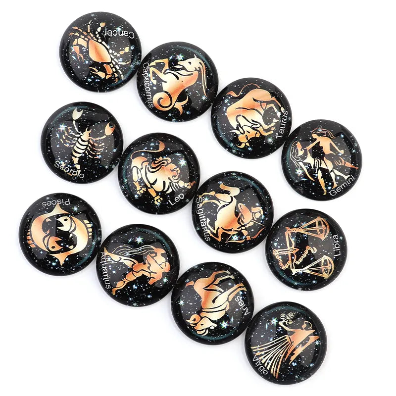 20pcs Twelve Constellations English Notes Pattern 10/12/14/18/20/25mm Round Dark Glass Cabochon For DIY Jewelry Making Necklace