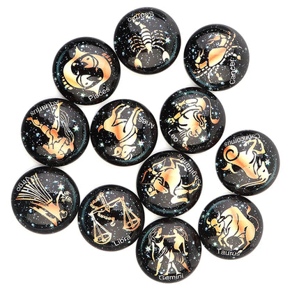 20pcs Twelve Constellations English Notes Pattern 10/12/14/18/20/25mm Round Dark Glass Cabochon For DIY Jewelry Making Necklace