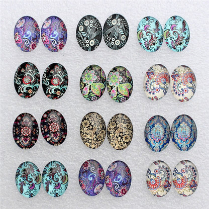 18pcs Oval Mixed Retro Flowers Glass Cabochons Flatback