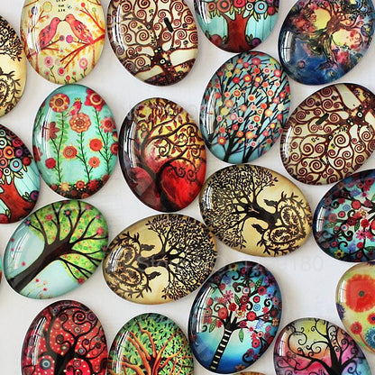 20pcs Random Mixed Life Tree Oval Pattern Glass Cabochons Flatback