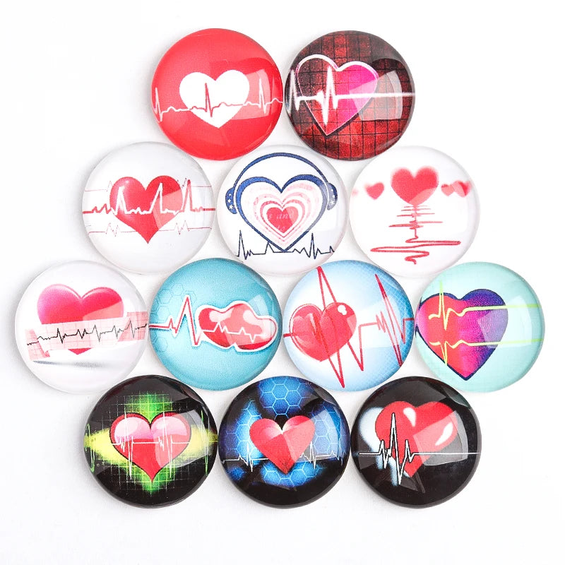 20pcs Pink Heart Love Round glass cabochon assorted