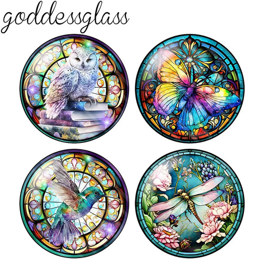 10pcs Butterfly dragonfly hummingbird Owl Bee Round glass cabochon