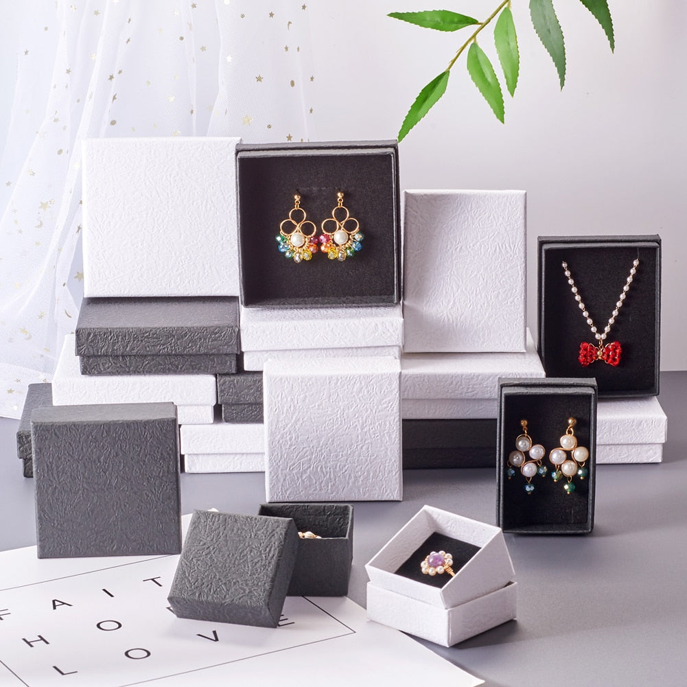 24pcs Cardboard Jewelry Set Box for Ring Necklace Bracelet Rectangle Tan Black White Kraft Cotton Filled Paper