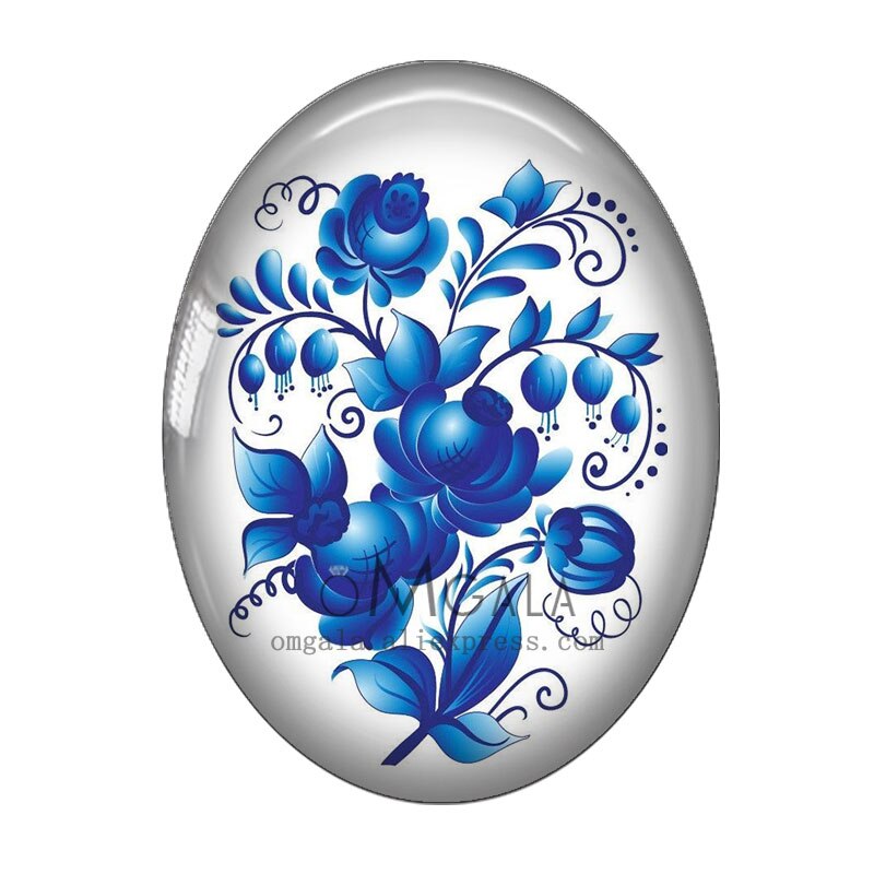 10pcs Blue Russia Folk Flowers Oval glass cabochon