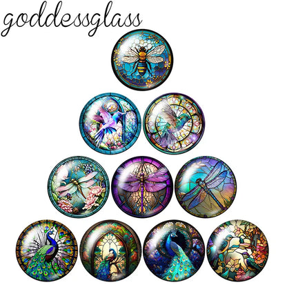 10pcs Butterfly dragonfly hummingbird Owl Bee Round glass cabochon