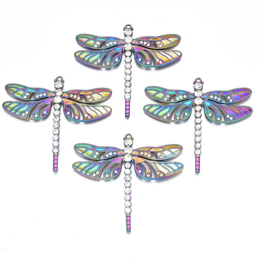 2pcs Dragonfly Rhinestone Enamel Big Pendants Crystal Rainbow Color Alloy Charms