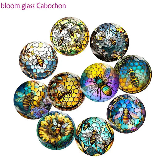 10pcs Colorful Bees Round Glass Cabochon Flat Back