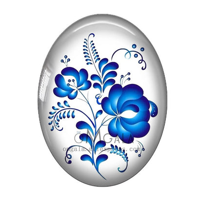 10pcs Blue Russia Folk Flowers Oval glass cabochon