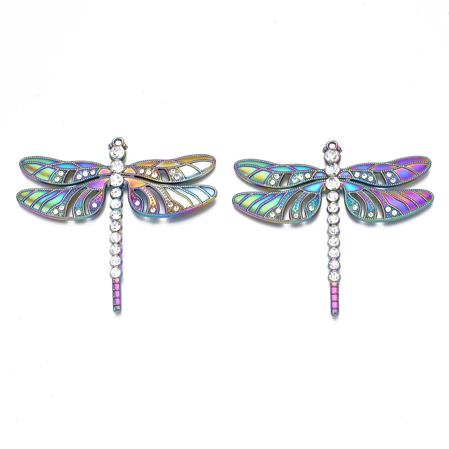 2pcs Dragonfly Rhinestone Enamel Big Pendants Crystal Rainbow Color Alloy Charms