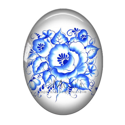 10pcs Blue Russia Folk Flowers Oval glass cabochon