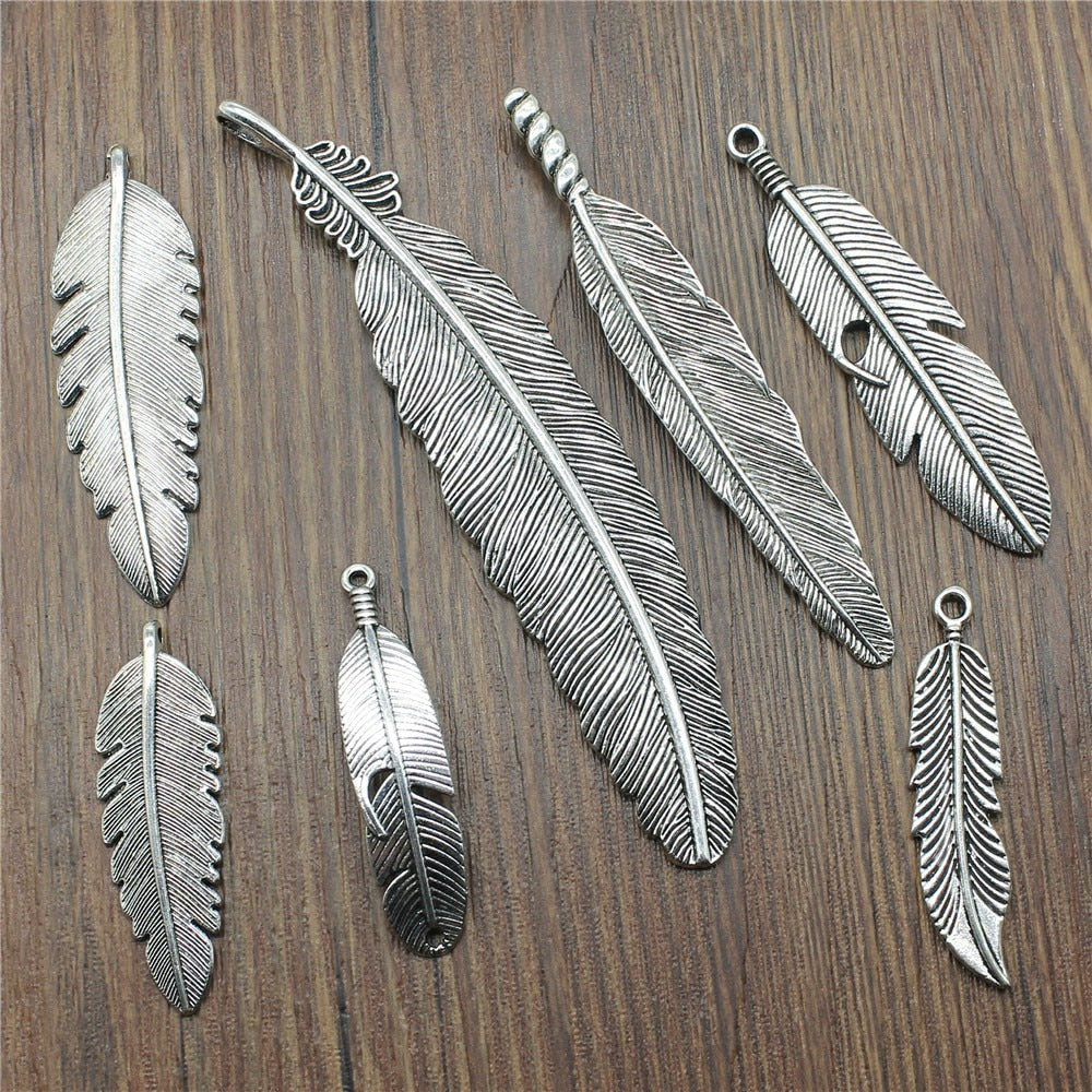 5pcs Charms Feather Antique Silver